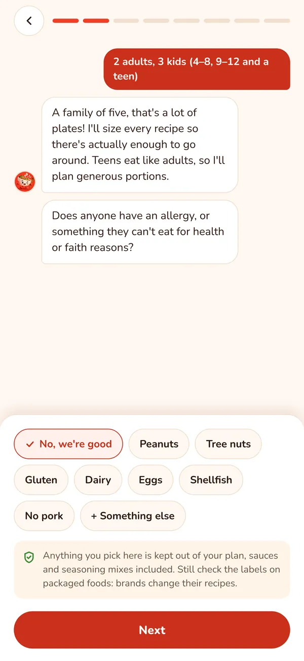 The onboarding chat: Cookingly asks about allergies after you say who you feed